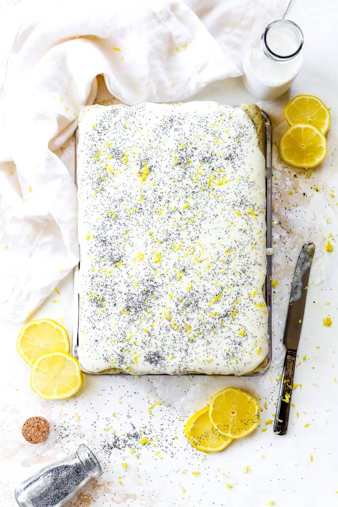 Frosted lemon poppy seed cake.