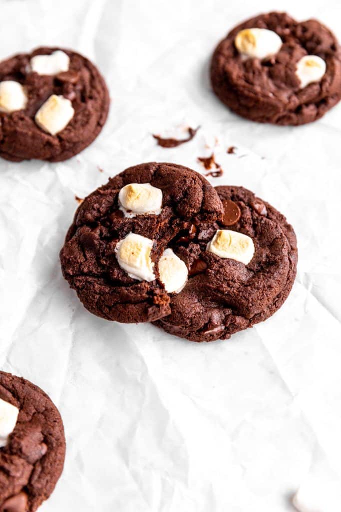 Vegan hot chocolate cookie with a bite taken out of it propped against another cookie.