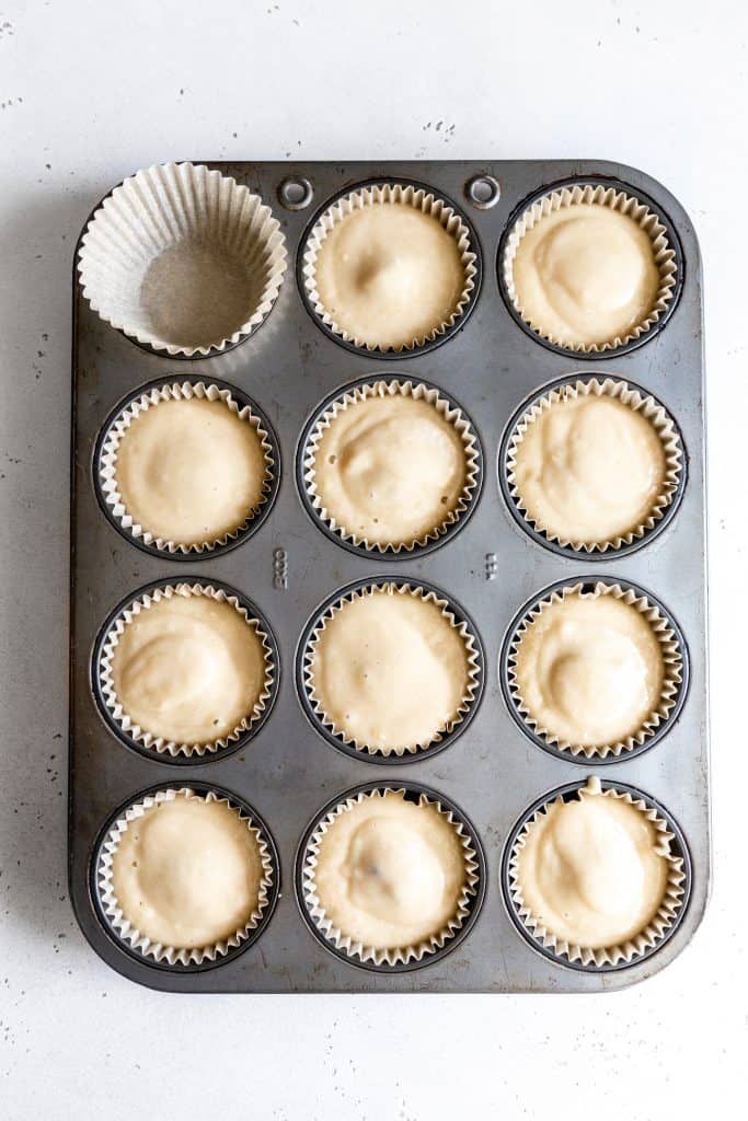 Unbaked vegan cookie dough cupcakes in a baking pan.