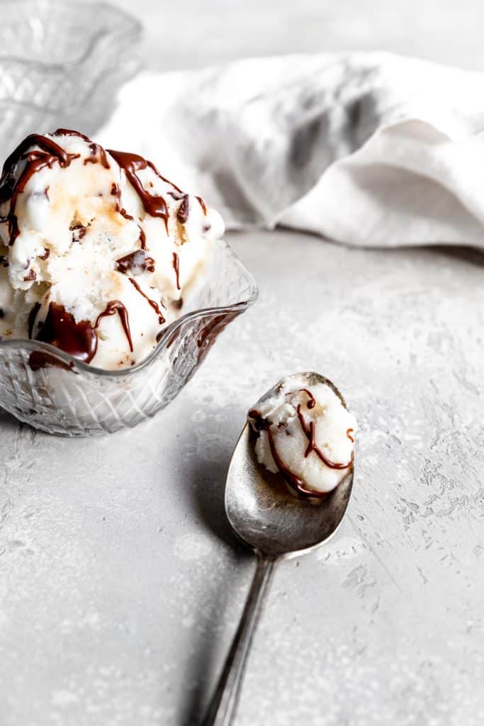 Spoonful of vegan mint chip ice cream next to a bowl of ice cream.