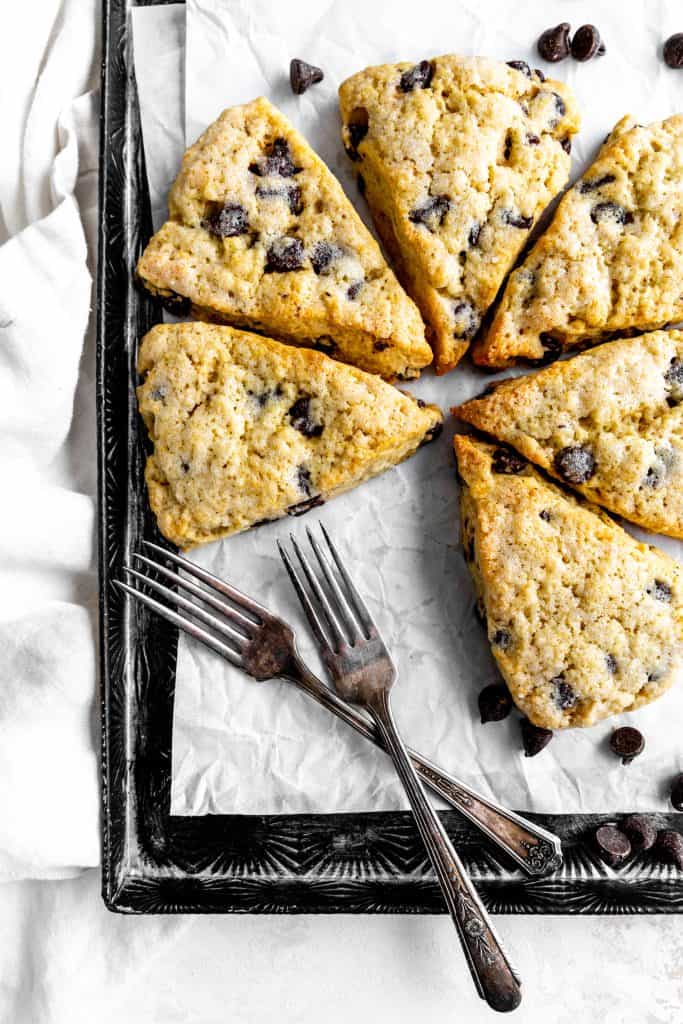 Vegan chocolate chip scones arranged in a circle on a baking sheet with forks.