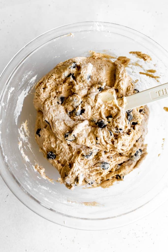 Glass bowl of banana chocolate chip cookie dough.