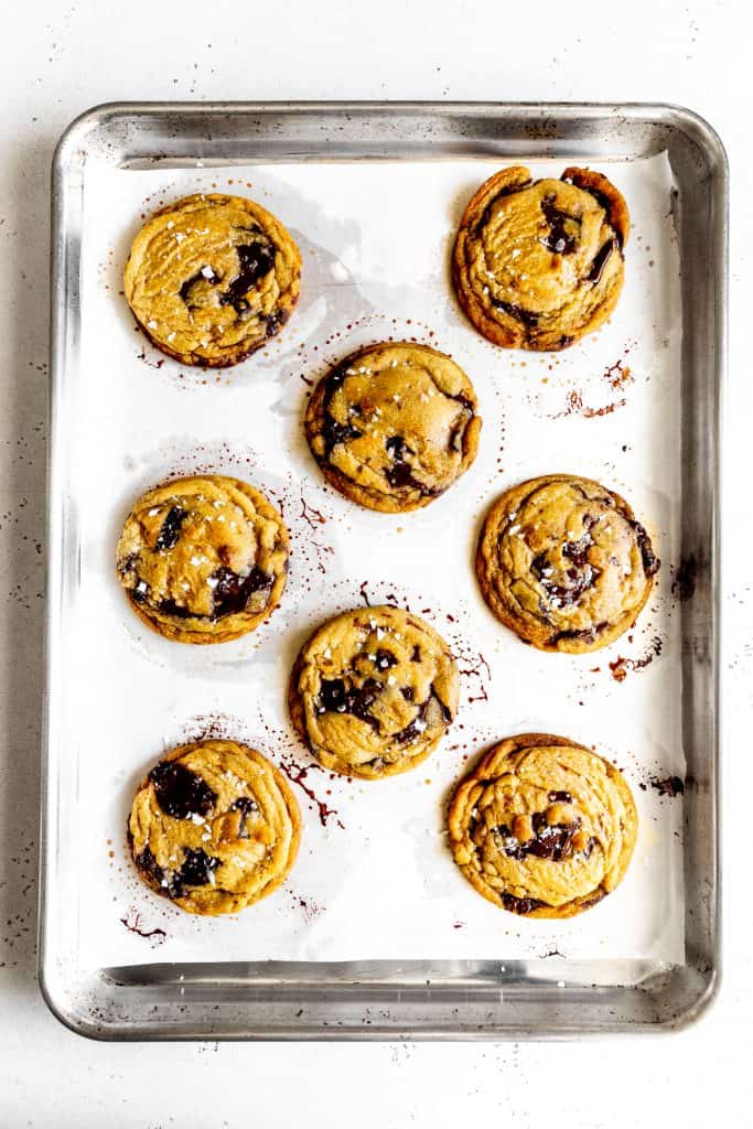 Chocolate chip cookies on a baking sheet.