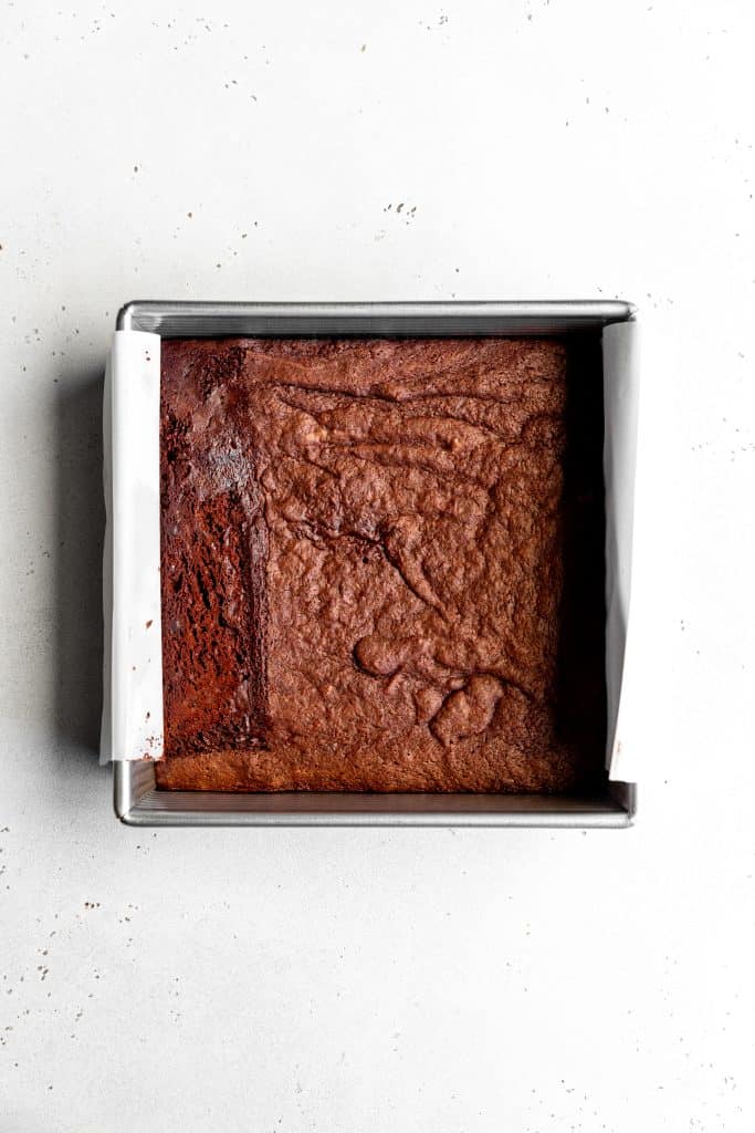 Square pan of baked brownies.