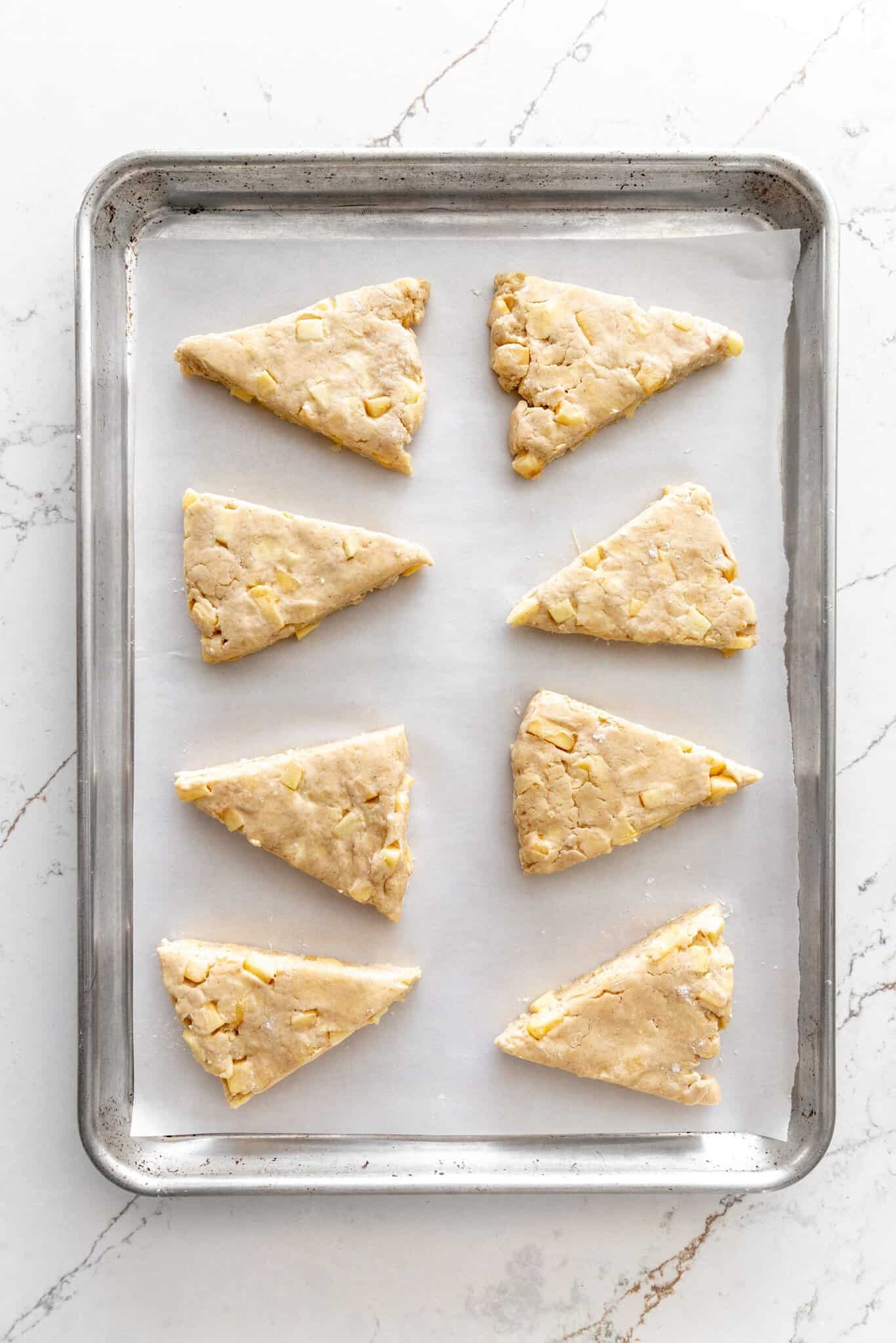 Unbaked scones on a baking sheet.