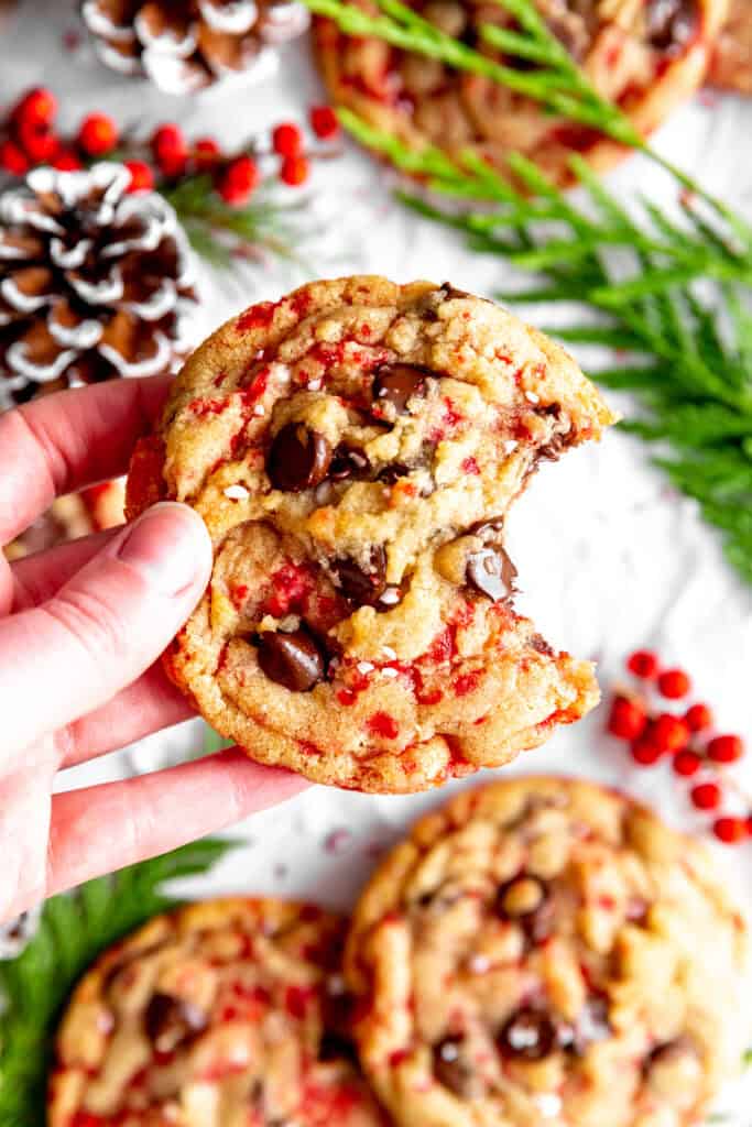 Hand holding a candy cane chocolate chip cookie with a bite taken out of it.