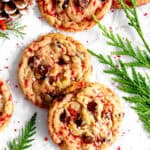 Candy cane chocolate chip cookies, frosted pinecones and fern leaves.