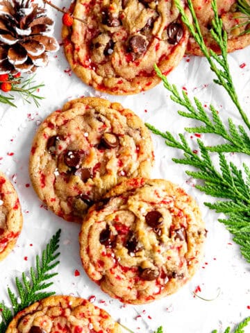 Candy cane chocolate chip cookies, frosted pinecones and fern leaves.