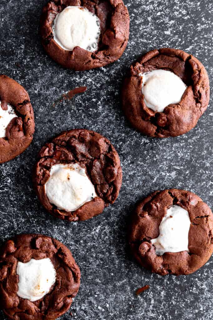 Hot chocolate cookies spread out on a dark surface.