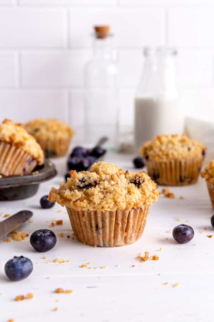 Blueberry muffin, a scoop of fresh blueberries and a jug of milk.