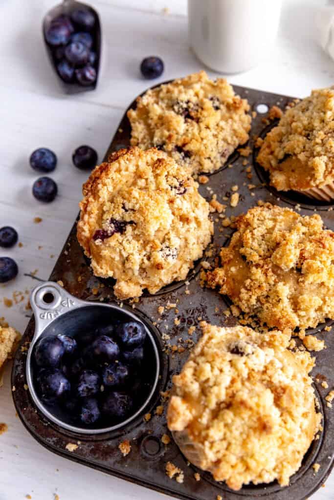 Pan of blueberry muffins and a cup of fresh blueberries.