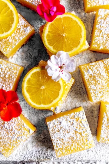 Lemon bars topped with powdered sugar and lemon slices.