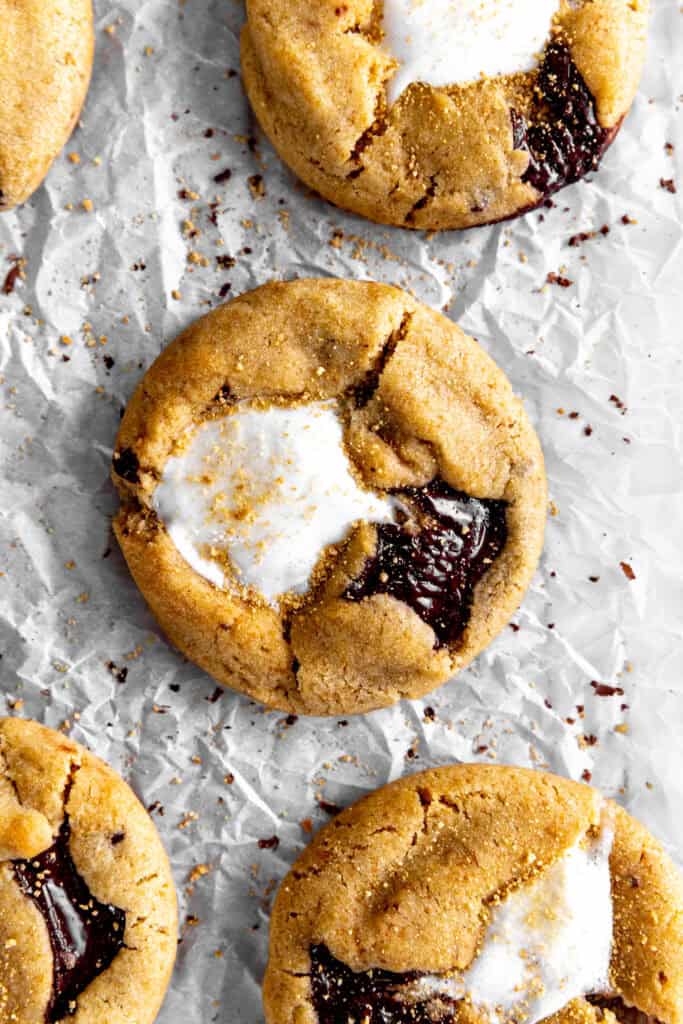 S'mores cookies on white parchment.