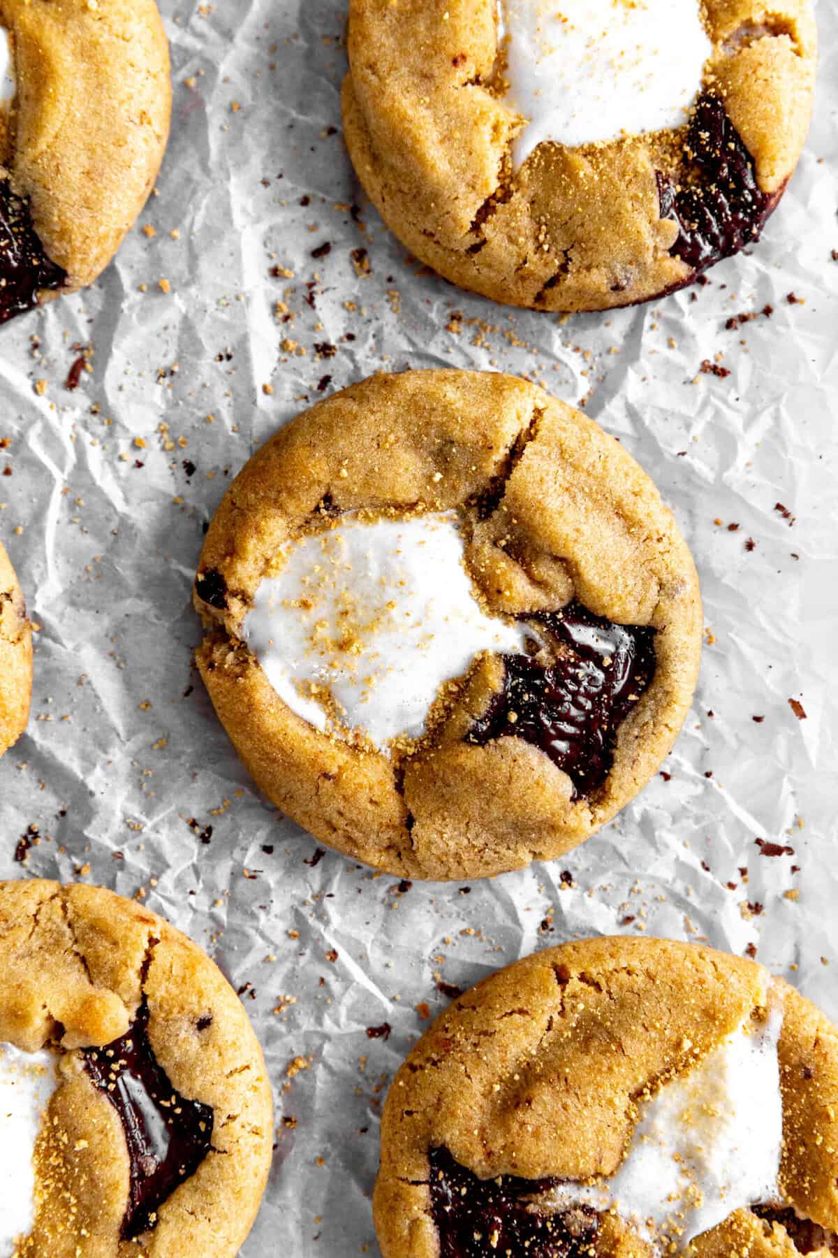 S'mores cookies on white paper.