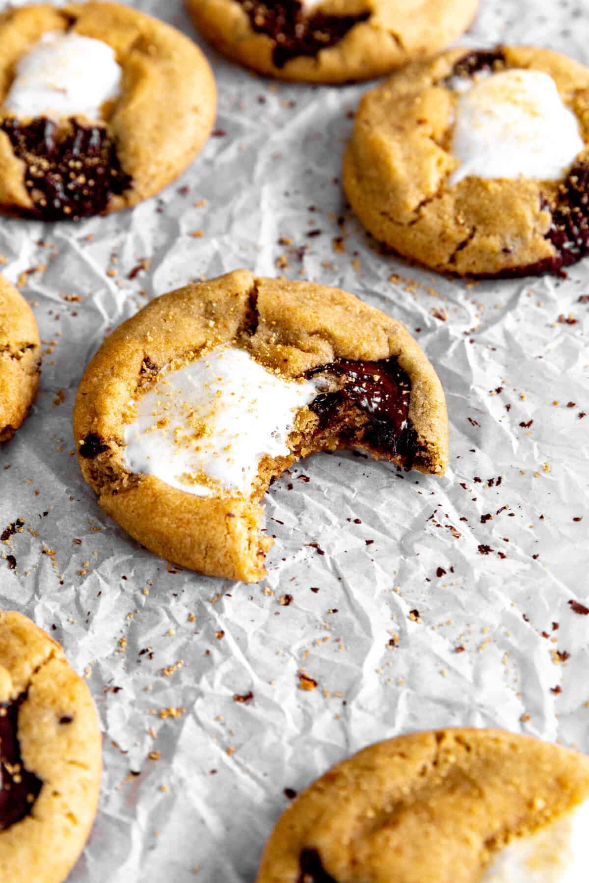 S'mores cookie with a bite taken out of it.