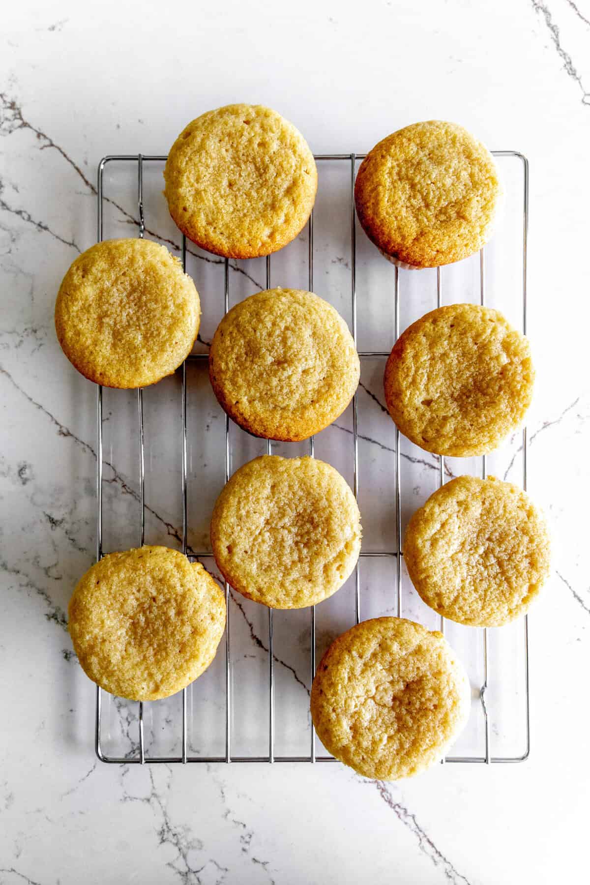 Baked vanilla cupcakes on a wire cooling rack.