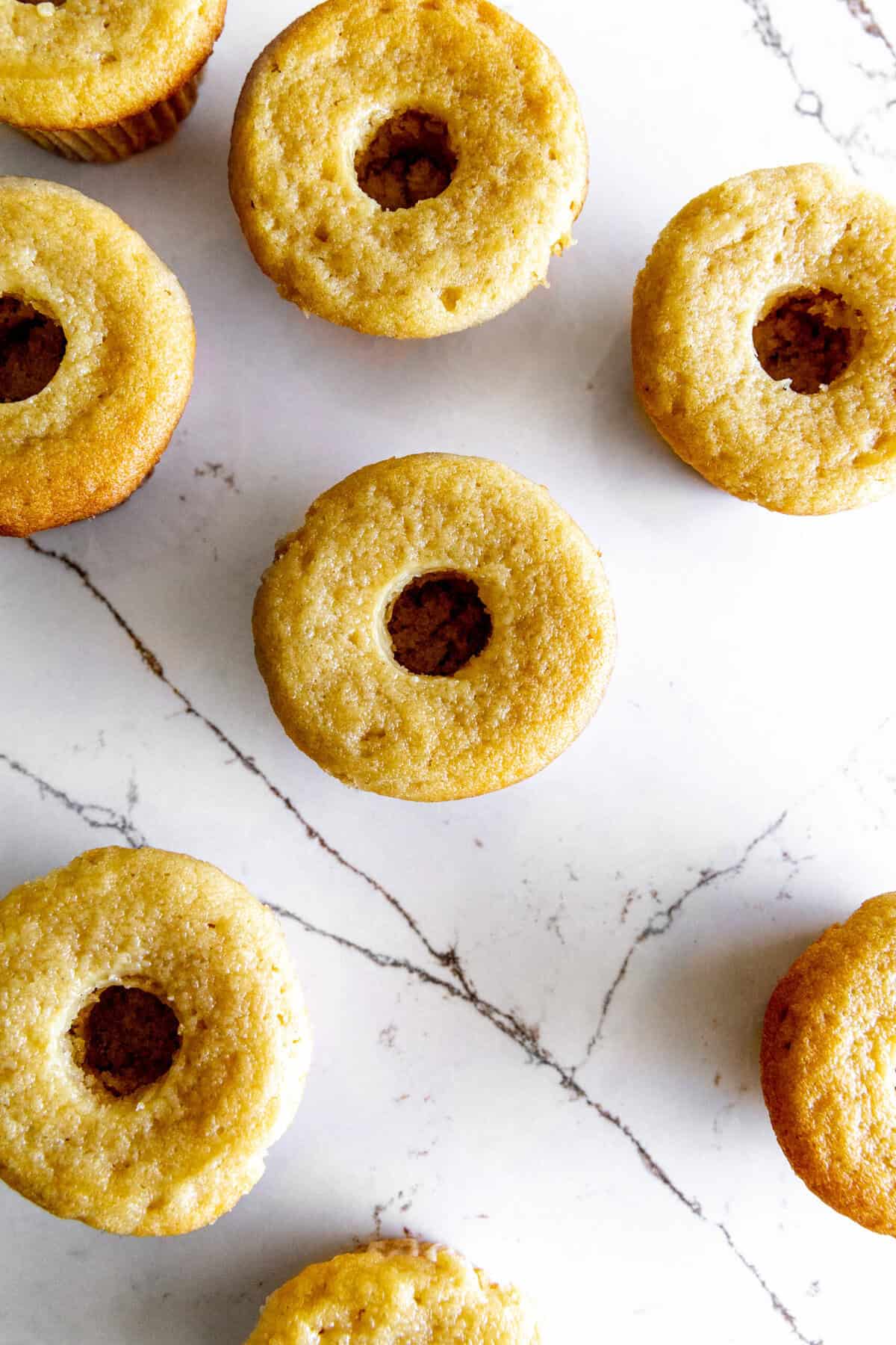 Vanilla cupcakes with hollowed-out centers.