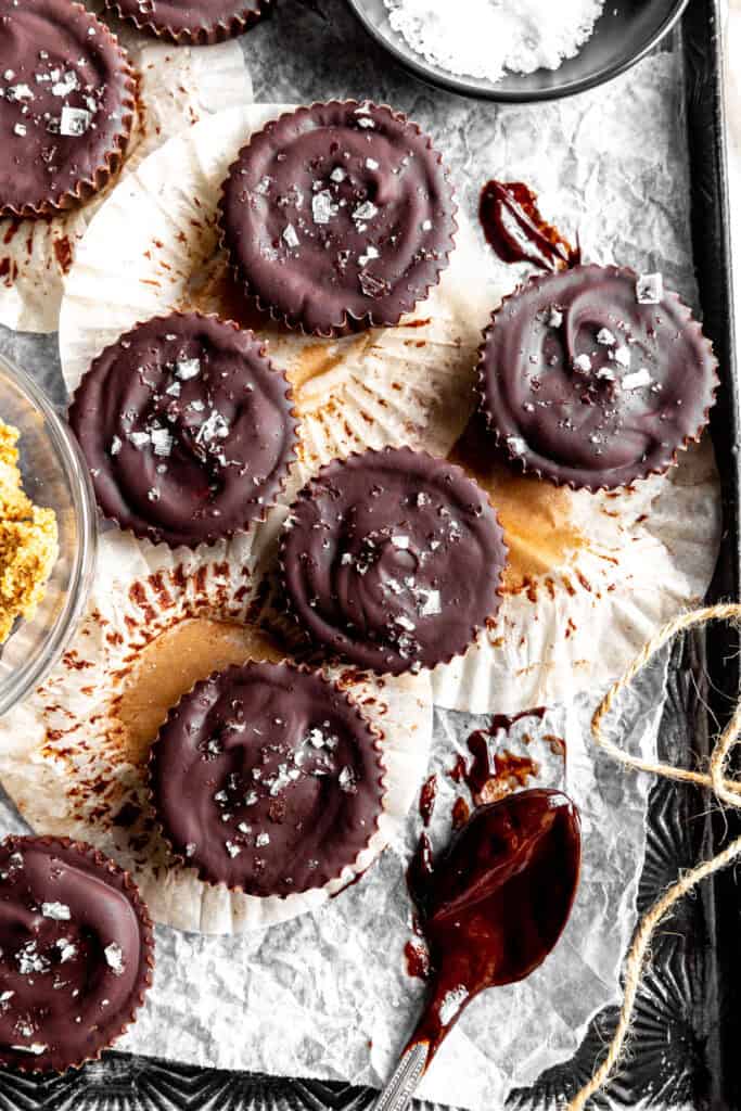 Chocolate peanut butter cups topped in flaky sea salt.