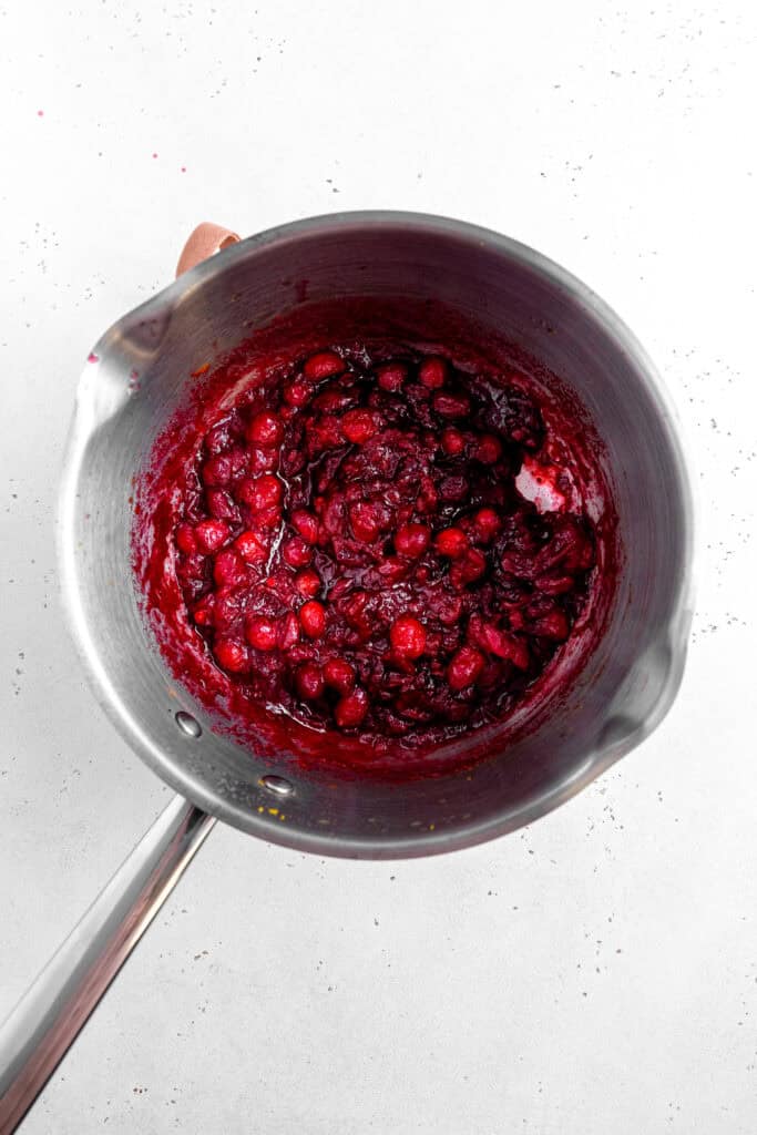 Pot of cooked cranberry sauce.