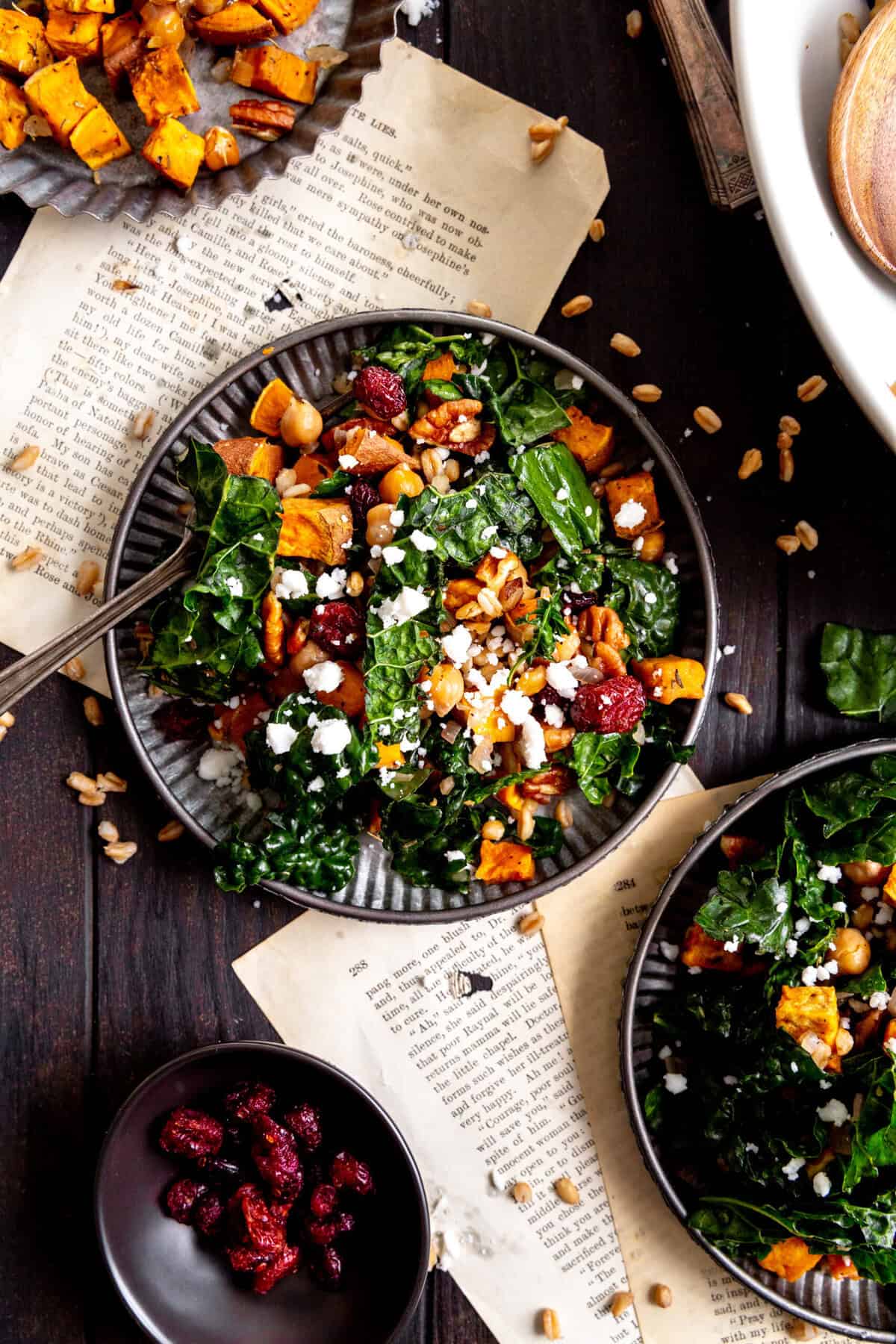 Kale sweet potato salad on a plate with a fork.
