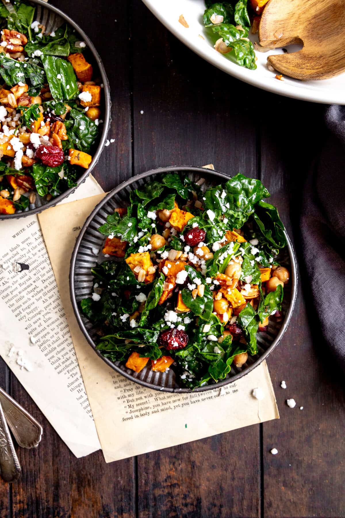 Roasted sweet potato salad with sweet potatoes and cranberries on a metal plate.