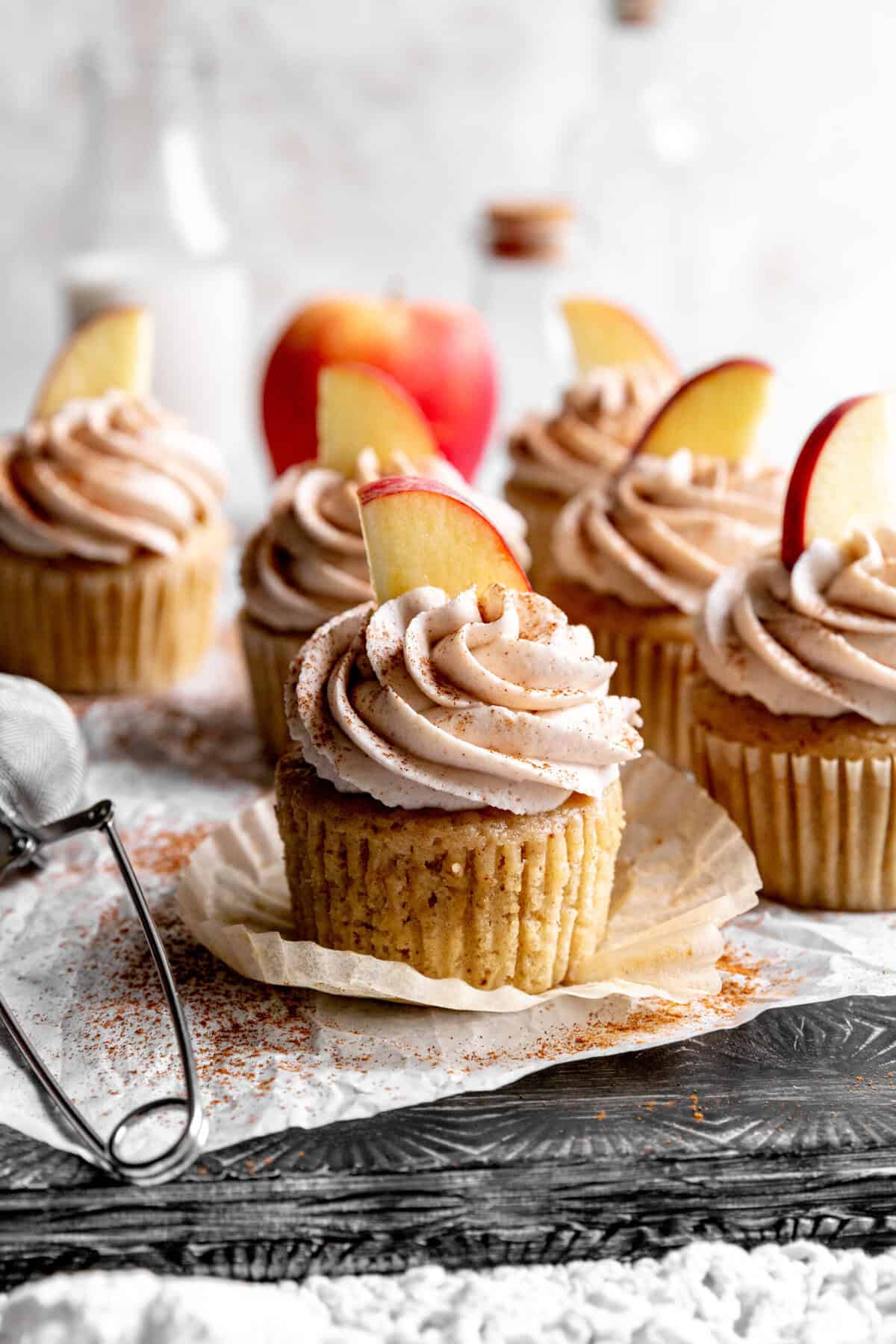 Apple cinnamon cupcake with the wrapper peeled off.