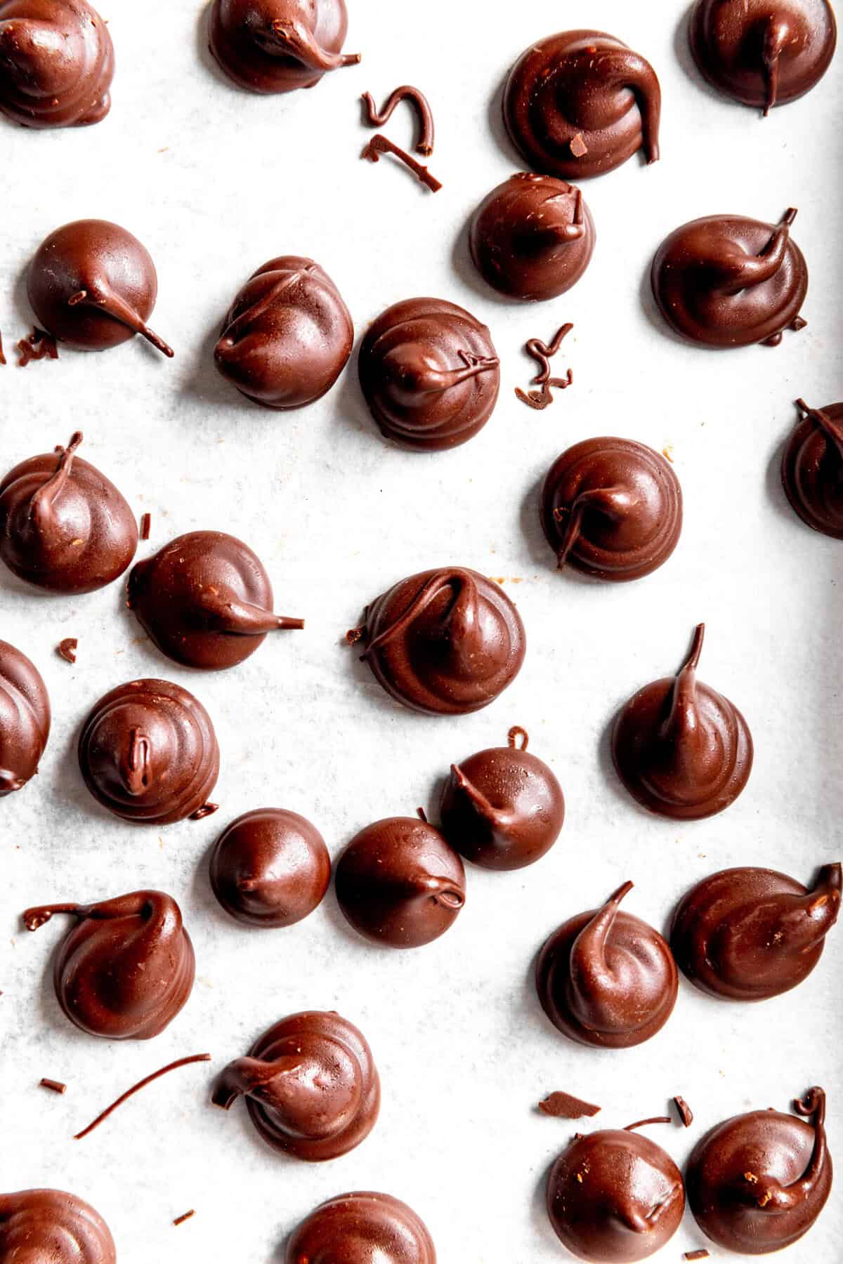 Vegan Hershey Kisses on a white background.