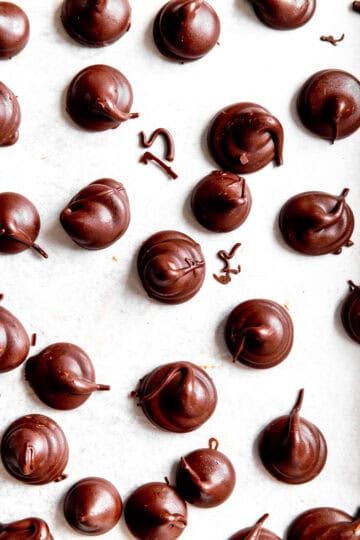 Vegan Hershey Kisses on a white background.