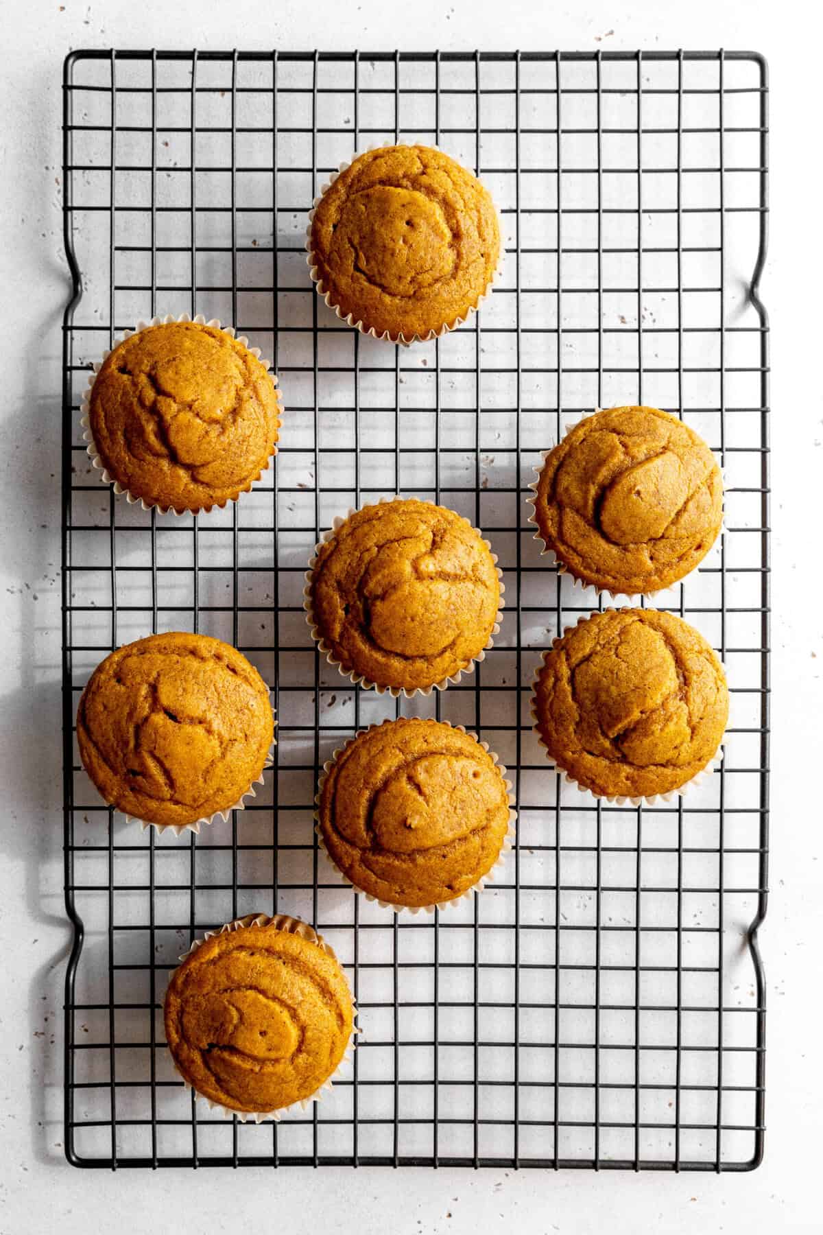 Pumpkin cupcakes on a wire cooling rack.