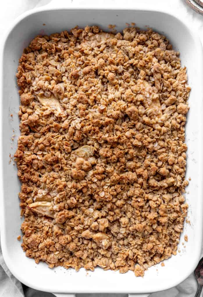 Baking dish of apple crisp.