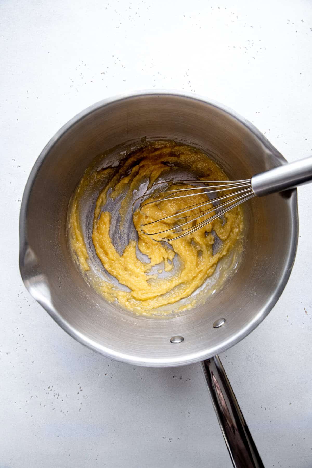 Saucepan with a butter-flour roux and a wire whisk.