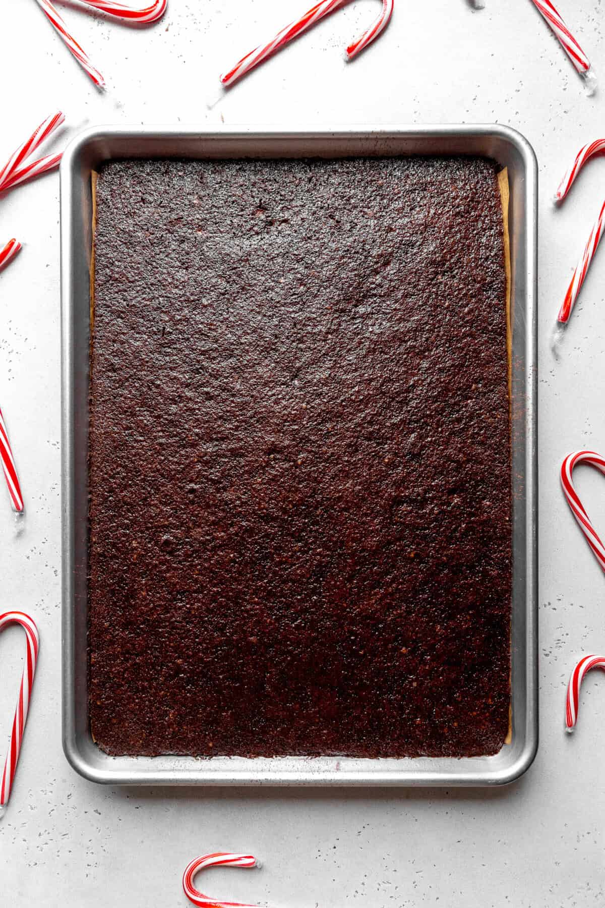Baked chocolate cake in a sheet pan.