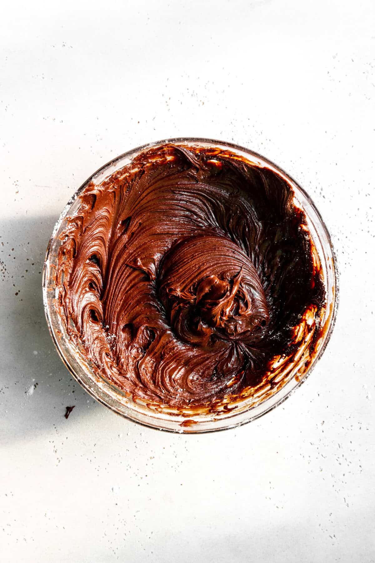 Glass bowl of fudge batter.