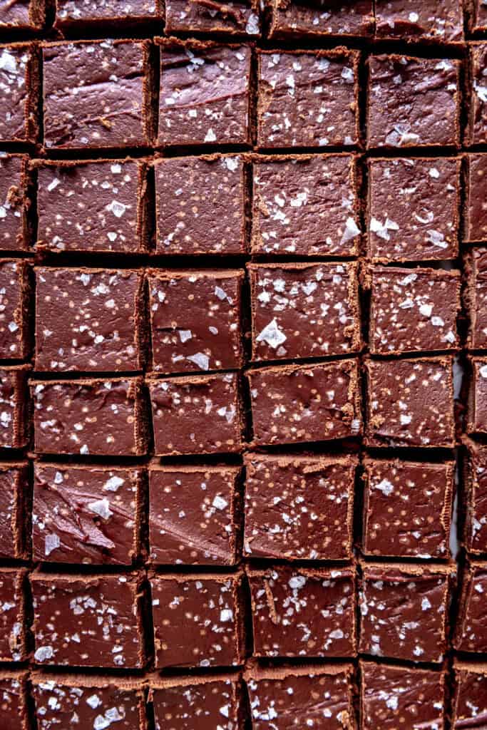 Fudge cut into squares topped with flaky salt.