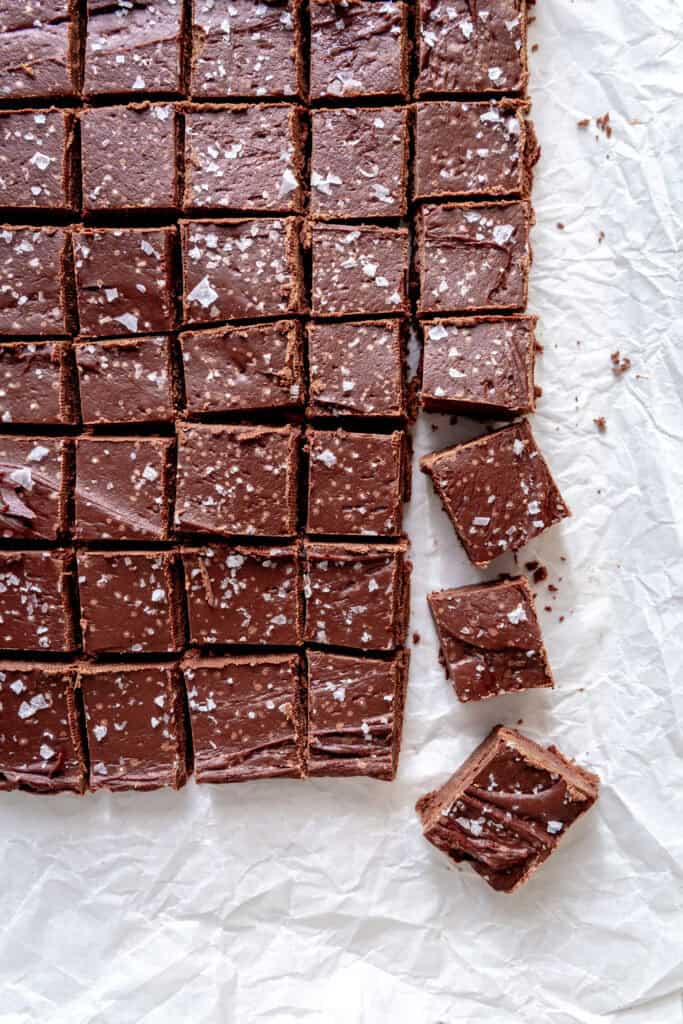 Squares of fudge on parchment paper.