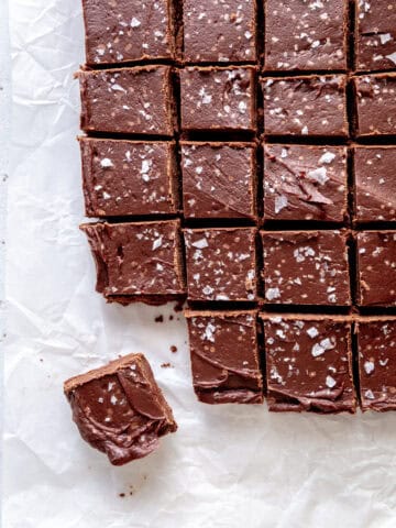 Squares of fudge on parchment paper.