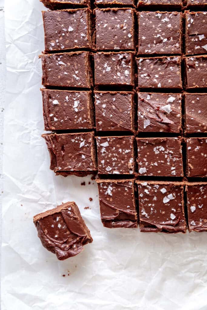 Squares of fudge on parchment paper.