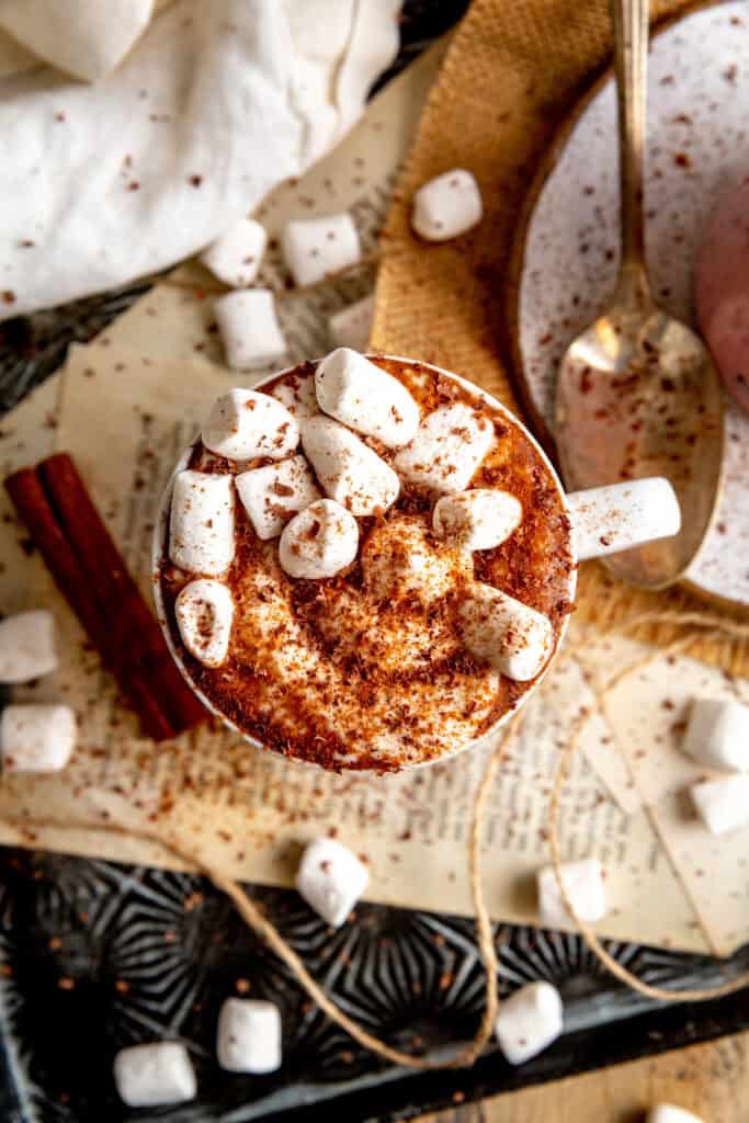 Top of a mug of Mexican hot chocolate topped with whipped cream, marshmallows and cinnamon.