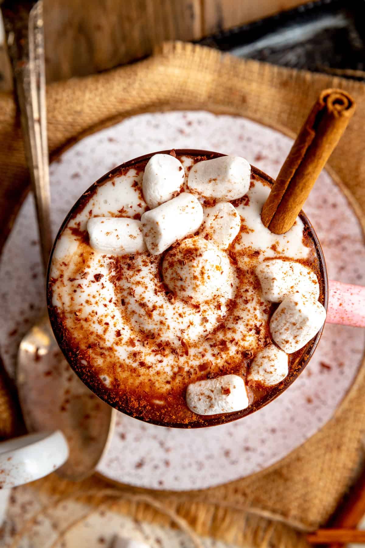 Top of a mug of Mexican hot chocolate topped with whipped cream, marshmallows and cinnamon.