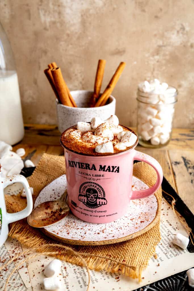 Pink mug of Mexican hot chocolate, a jar of marshmallows and a cup of cinnamon sticks.