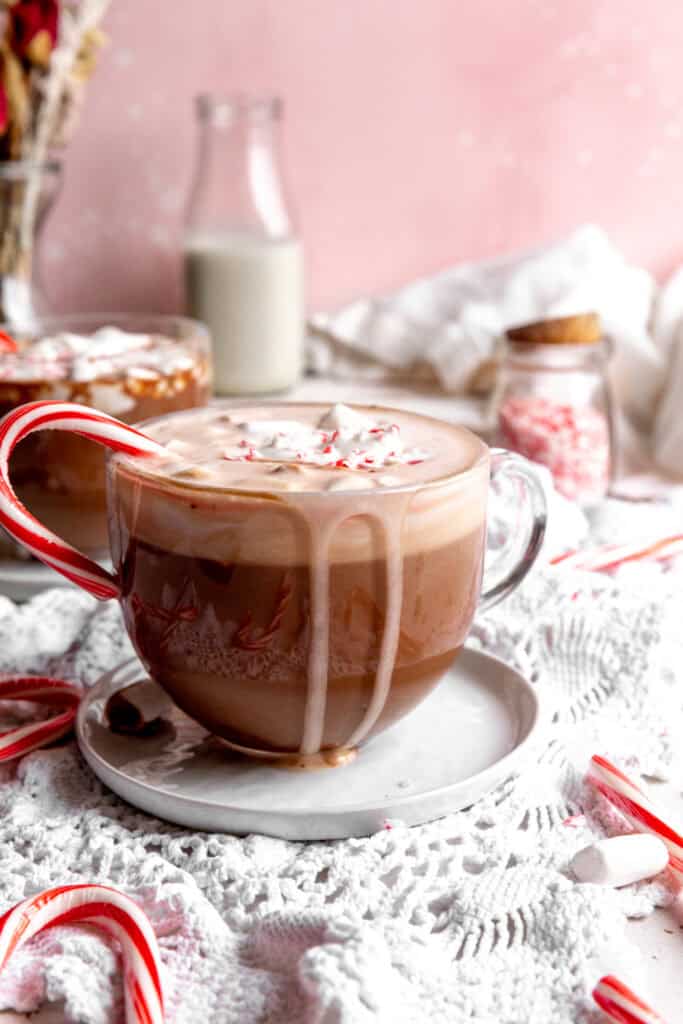Hot chocolate dripping down the side of a mug.