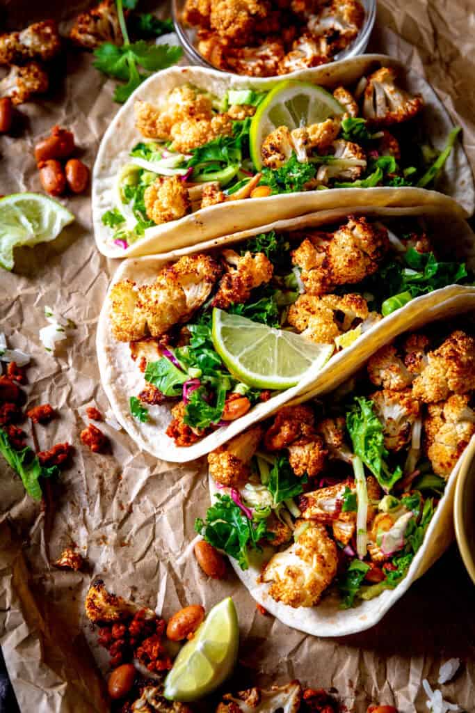 Cauliflower tacos and a cup of roasted cauliflower.