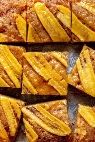 Banana upside down cake cut into squares.