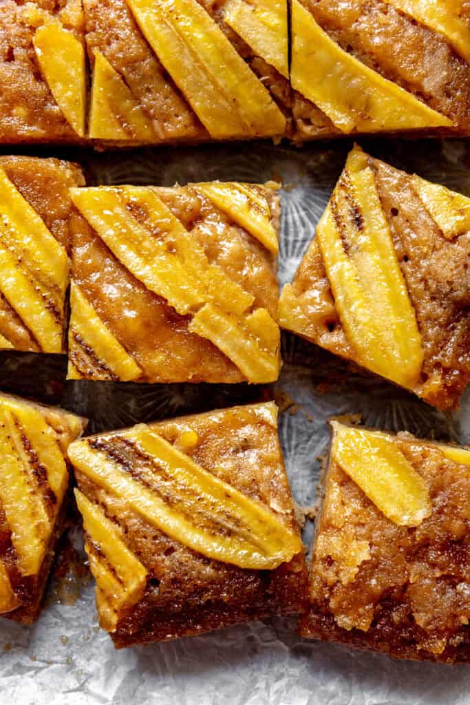 Squares of banana upside down cake.