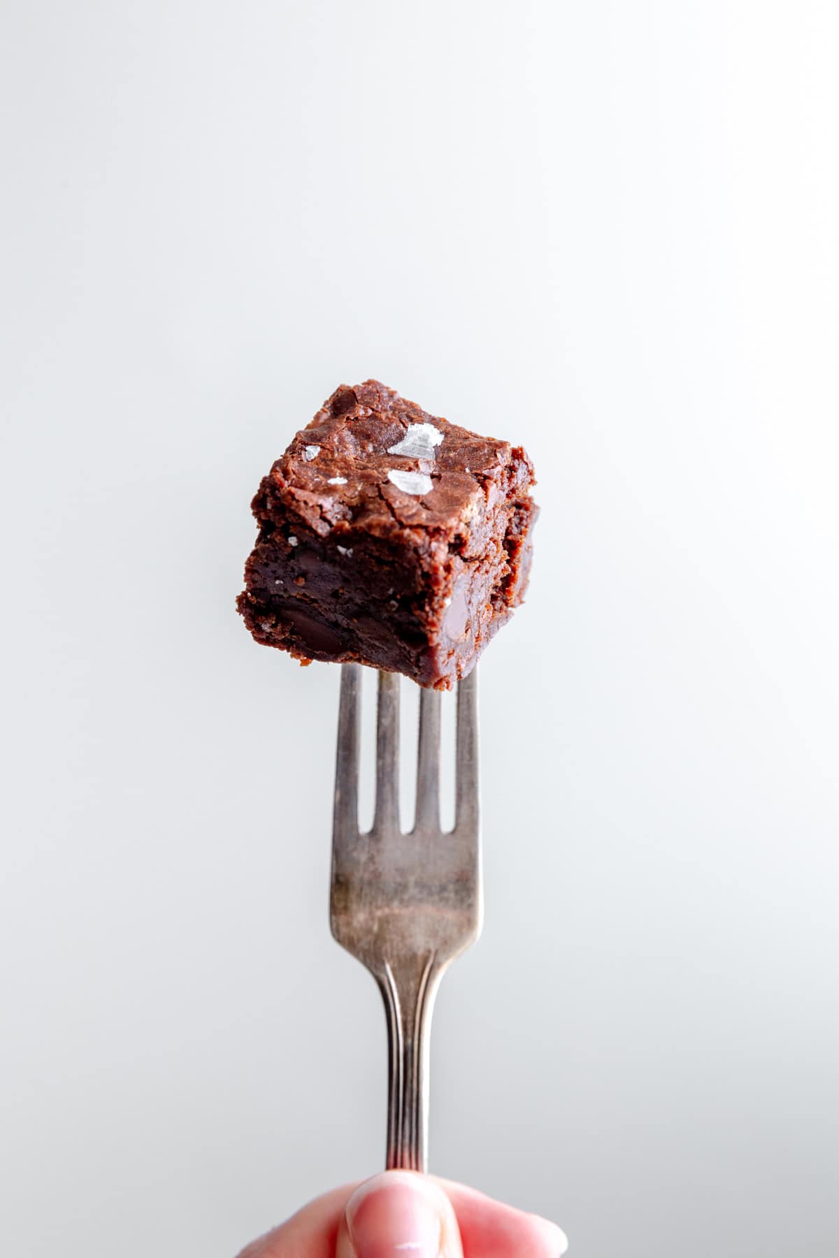 Piece of vegan brownie on a fork.