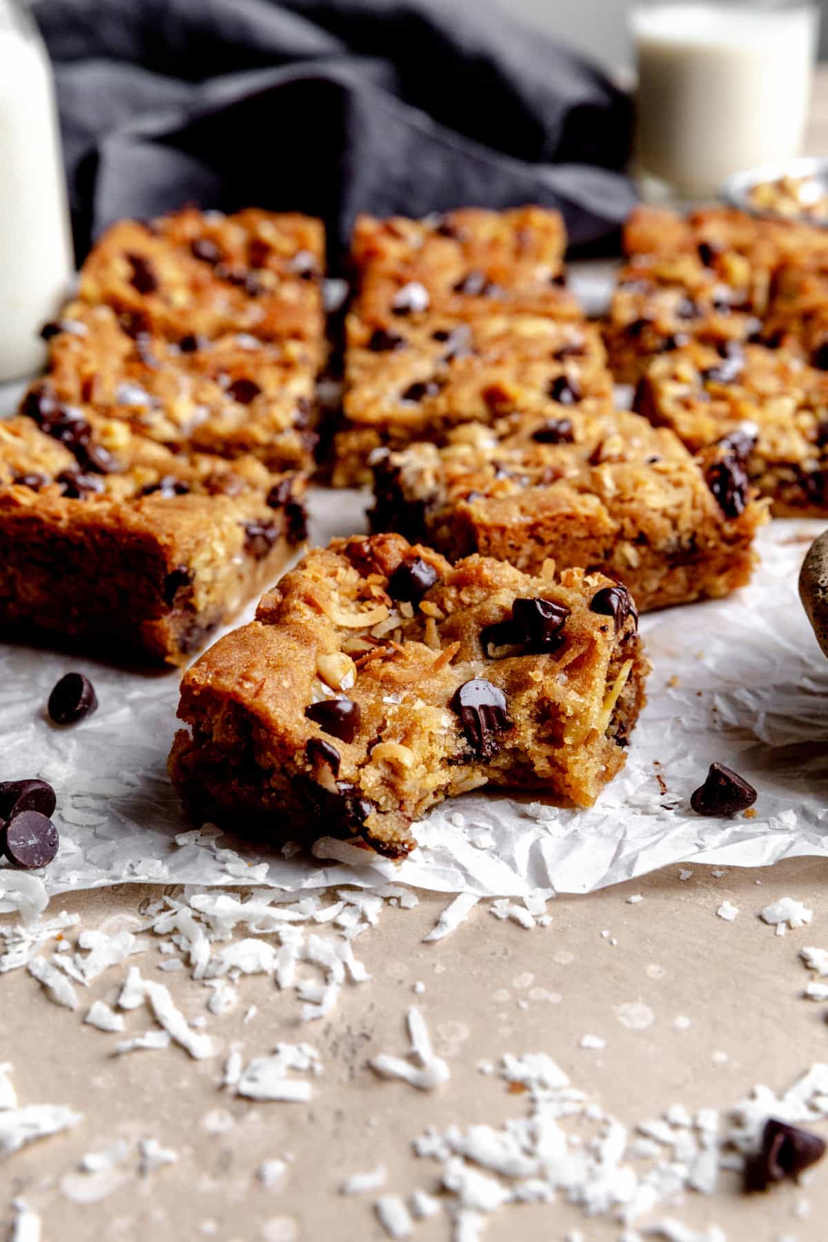 Vegan blondie with a bite taken out of it.