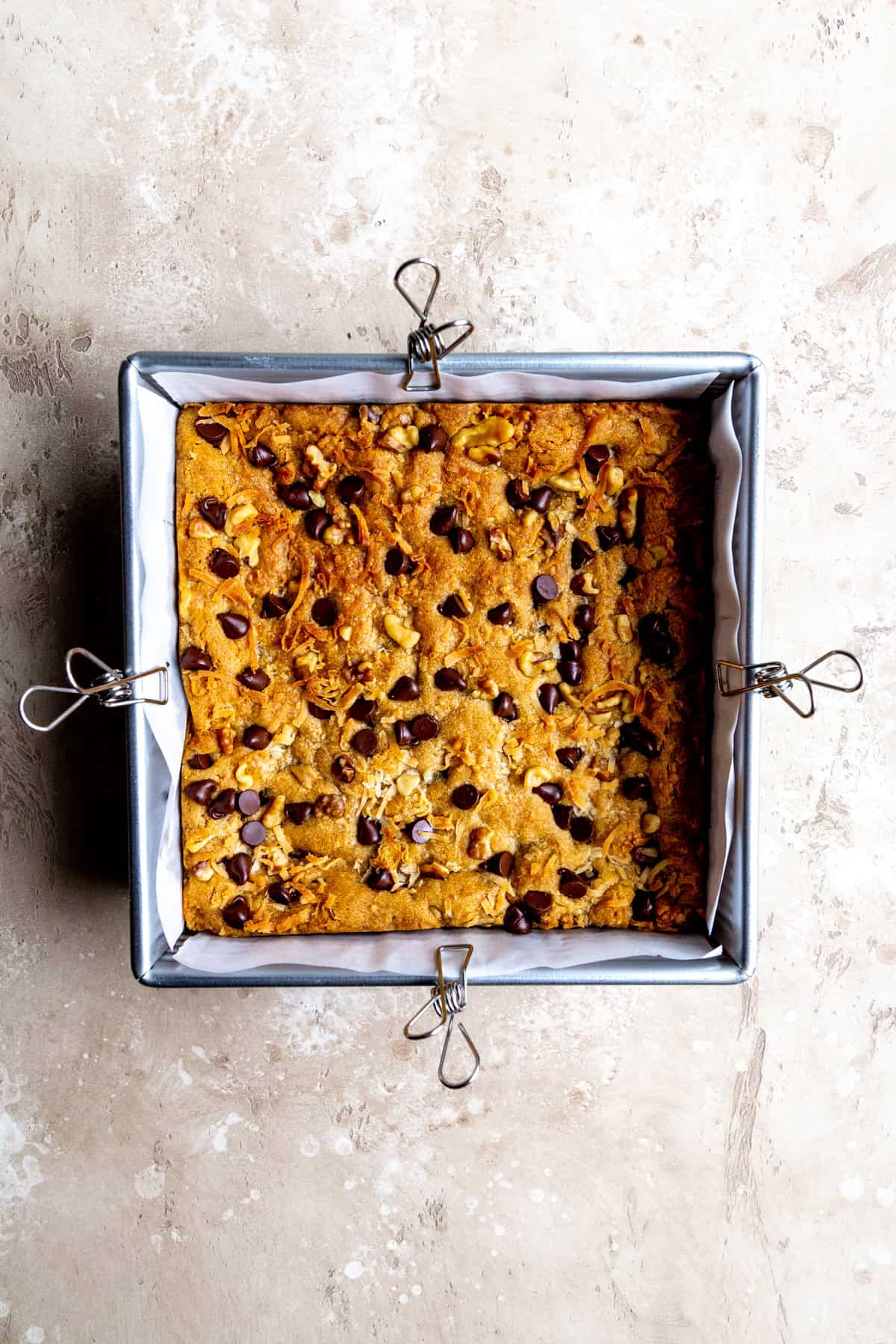 Square pan of baked blondies.