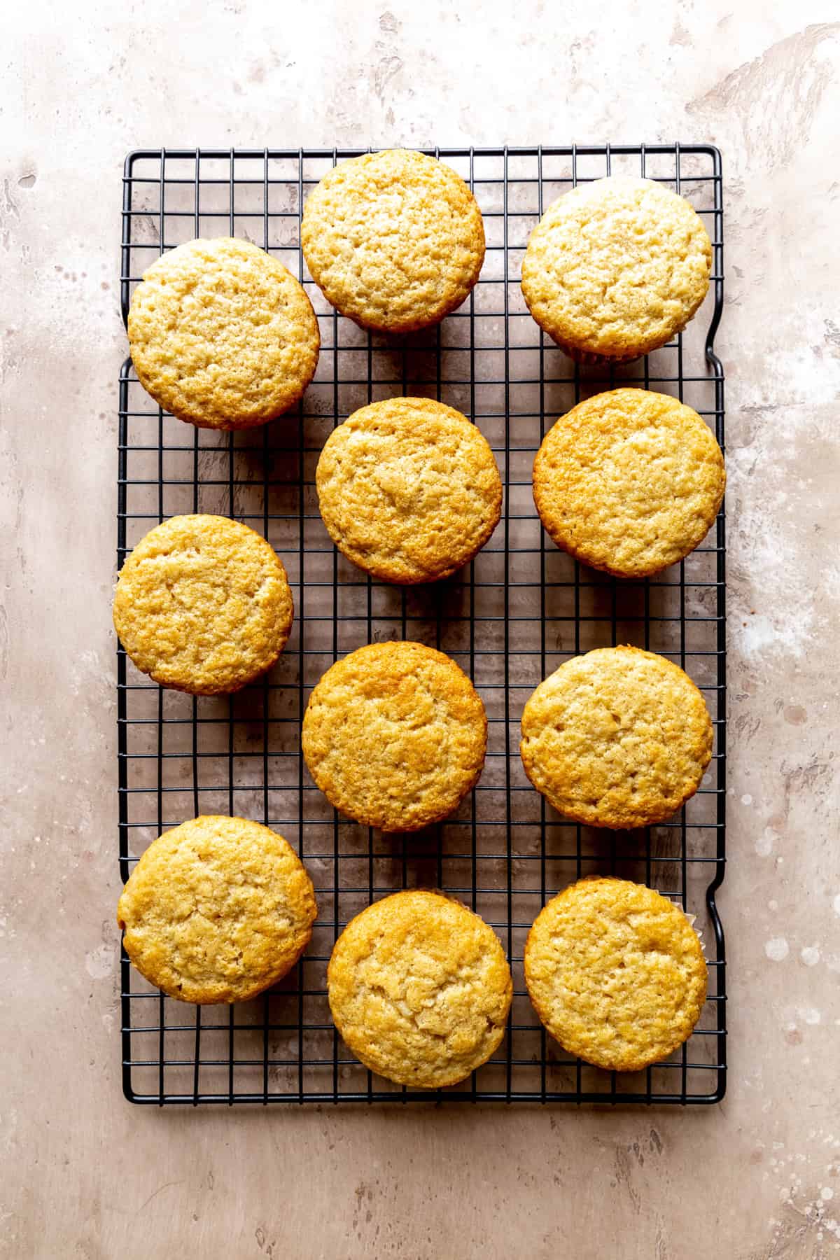 Vanilla cupcakes on a wire cooling rack.