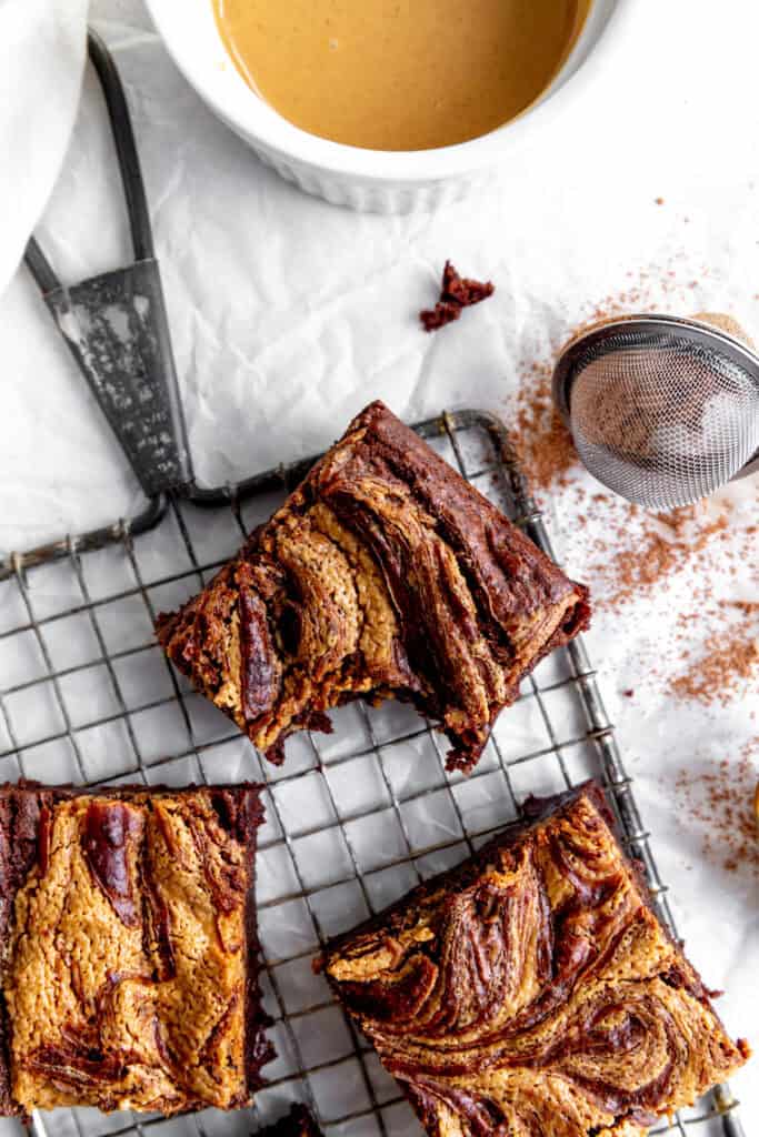 Peanut butter brownie with a bite taken out of it.
