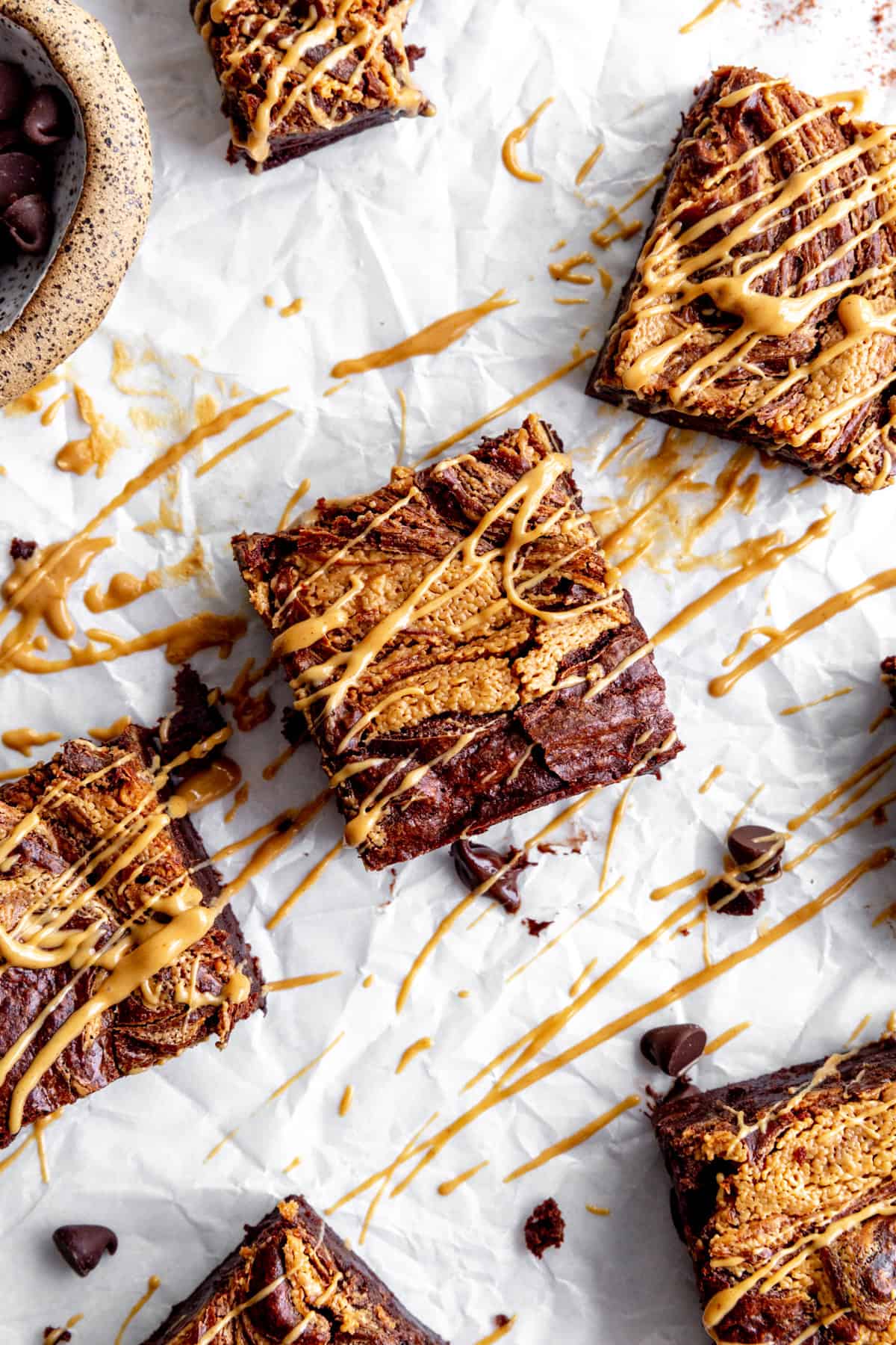 Peanut butter brownie drizzled in melted peanut butter.